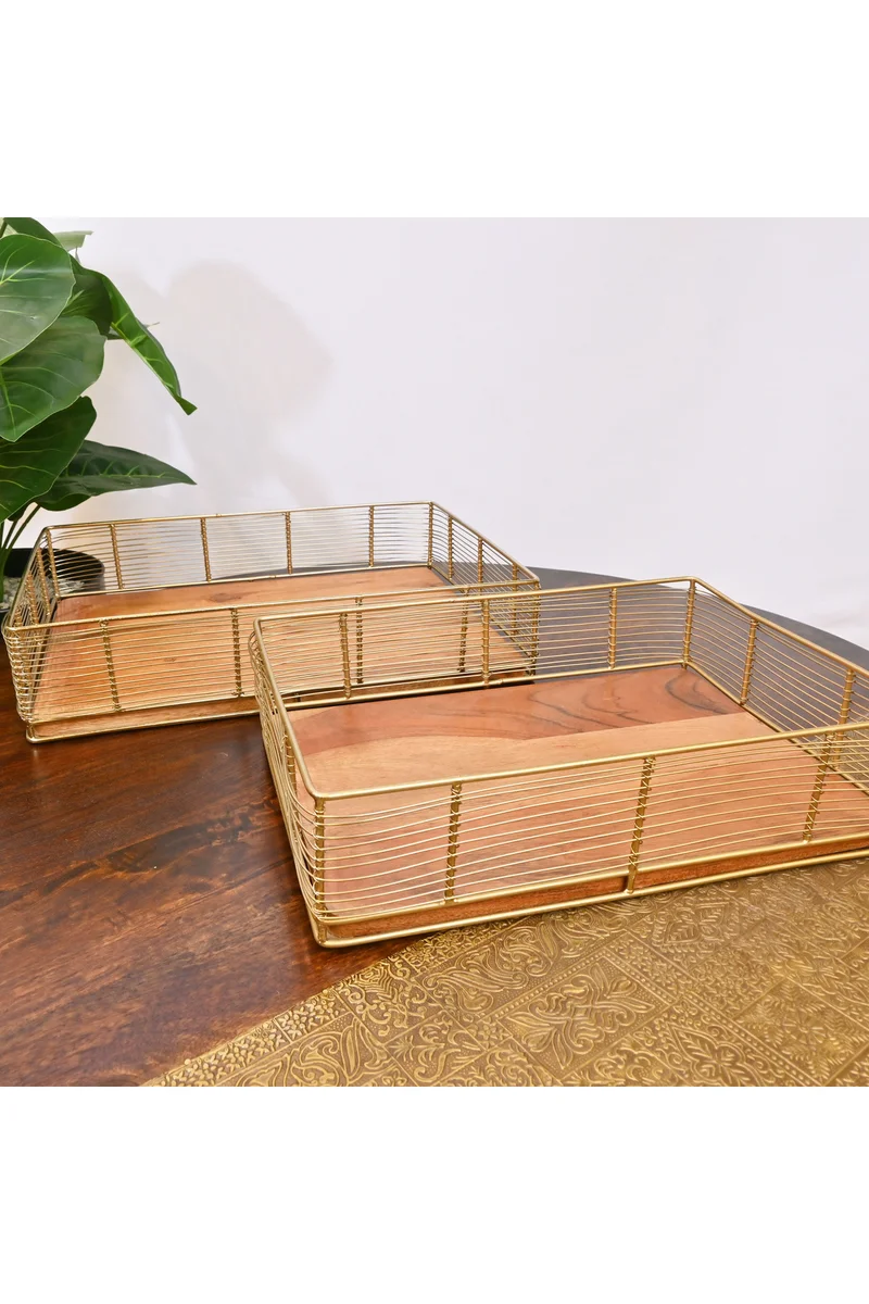 لايف ستايل Decorative Tray with Wooden Base - Set of 2